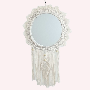 Boho Round Wall Mirror with Macrame Frame & Tassel Decor – Handmade Cotton Art
