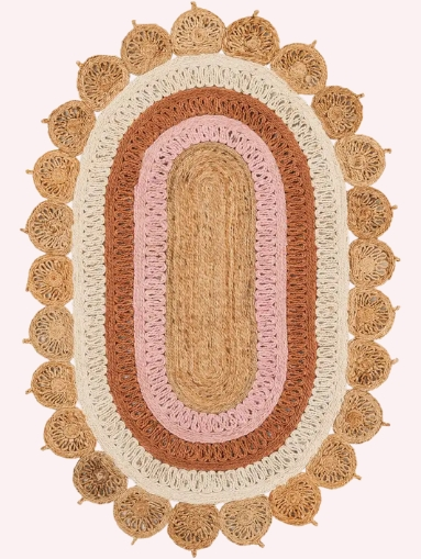 Hand-Braided Oval Jute Rug – Natural White Orange Pink Eco Floor Mat